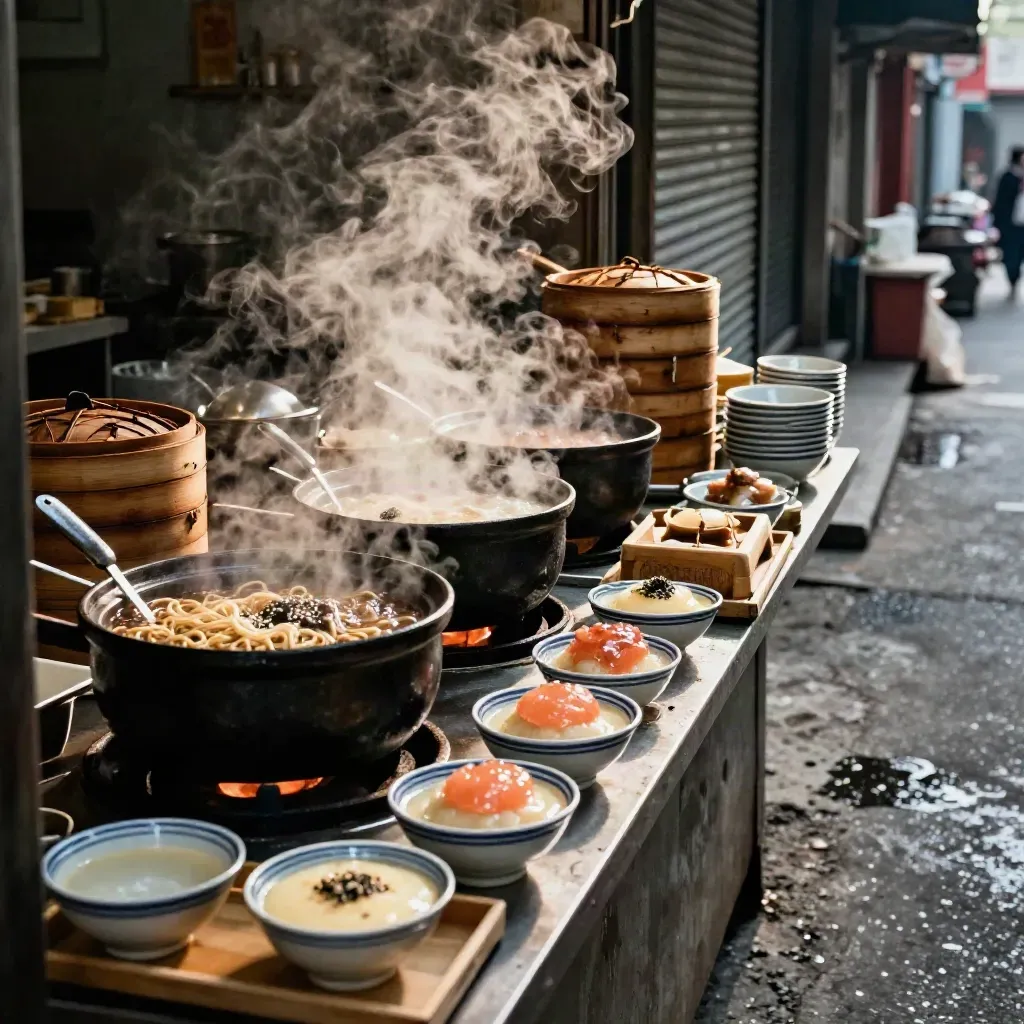 Narrow night food lane with steaming noodle pots, dessert trays, and dramatic stall lighting.