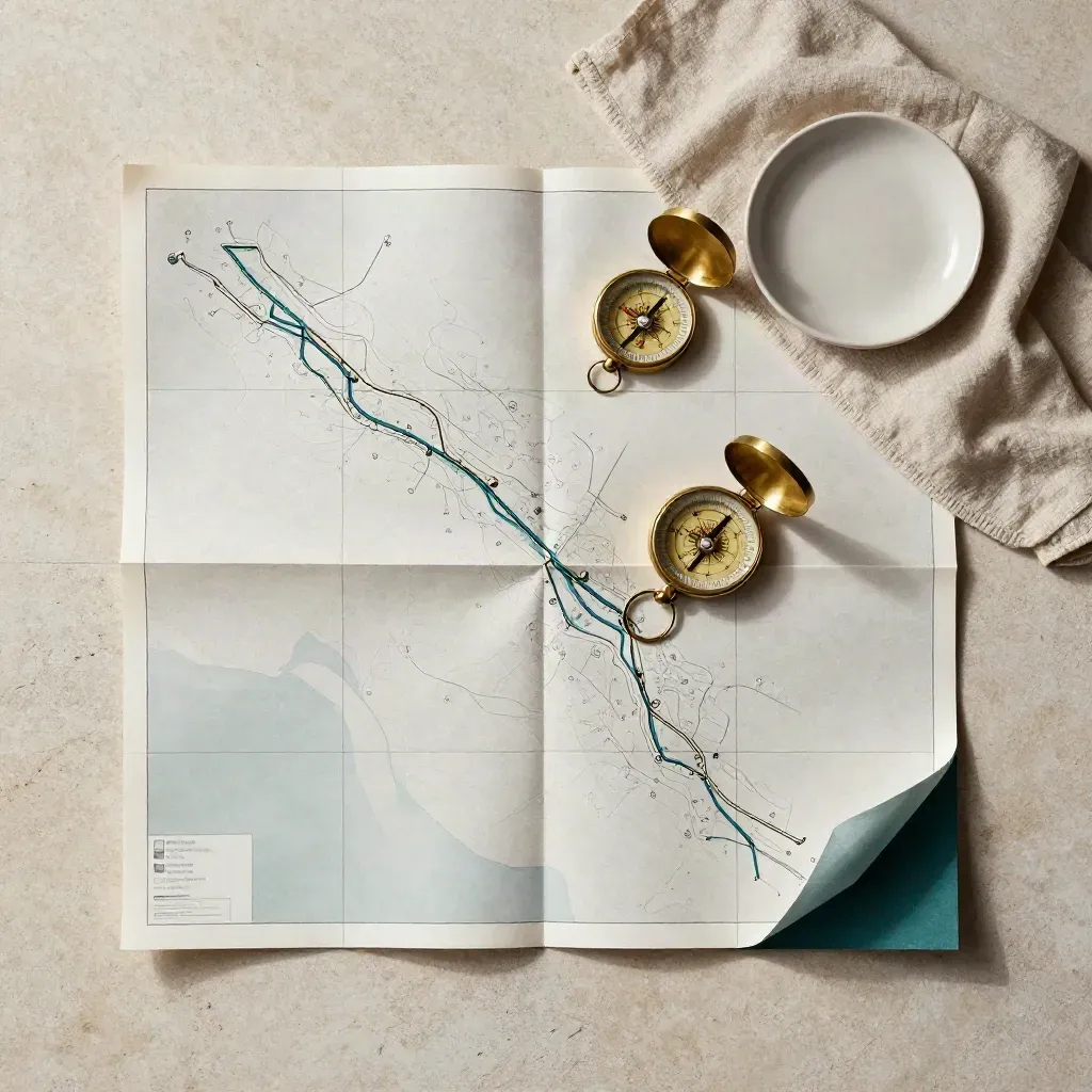 Overhead travel flatlay with folded route map, brass compass, linen cloth and ceramic dish.