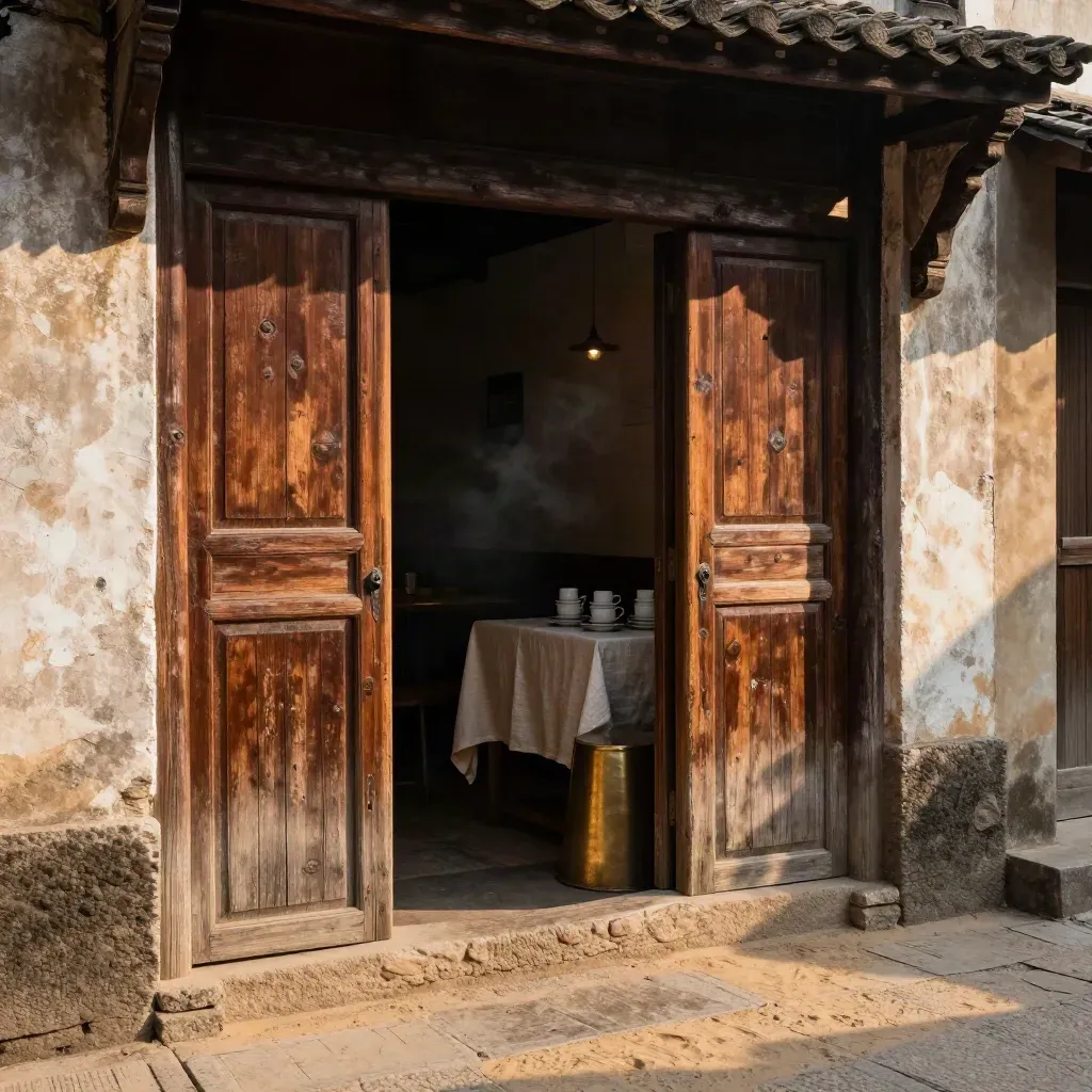 Old Quarter lane with timber doors, temple eaves, and a café threshold in warm afternoon shade.