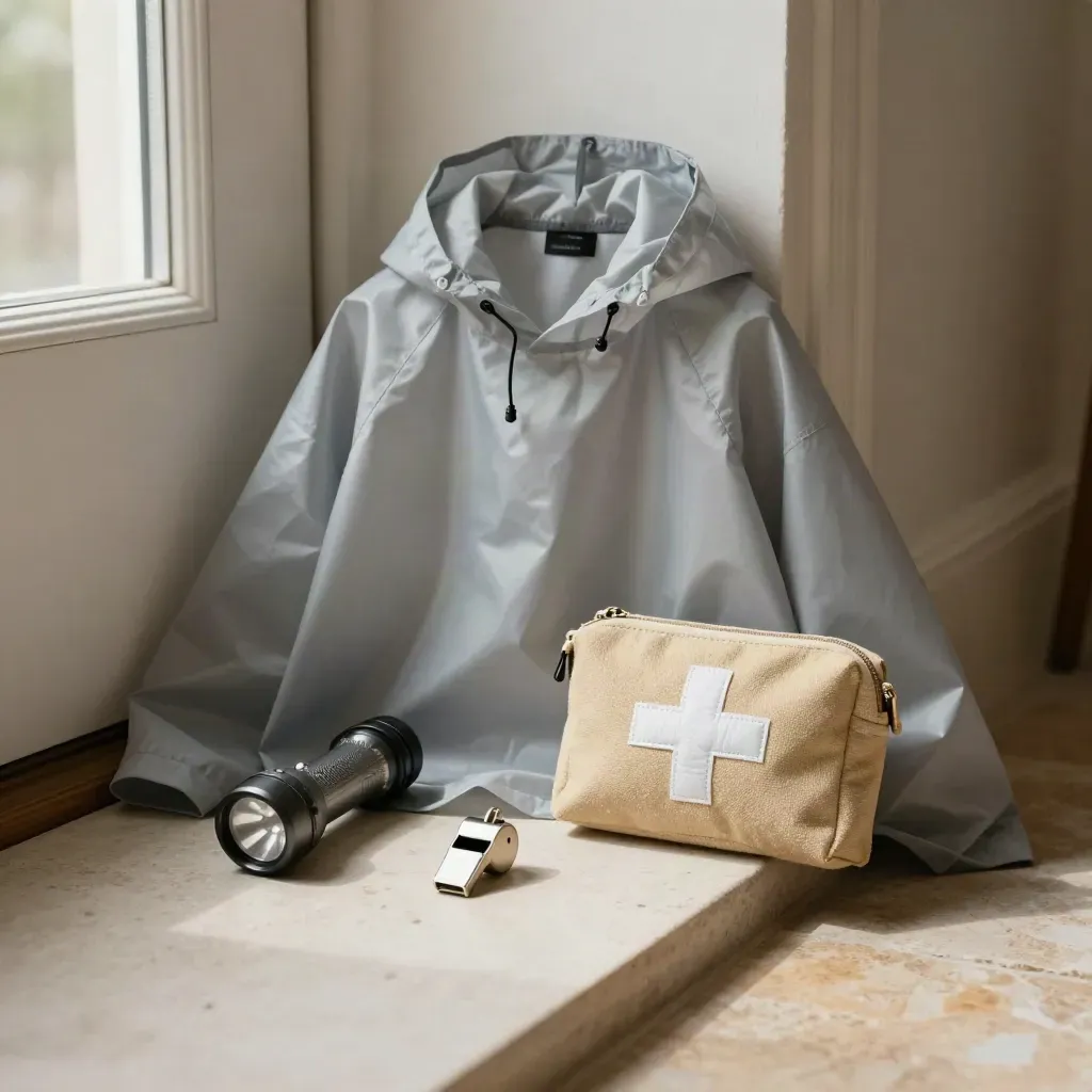 Rain poncho, flashlight, whistle, and first-aid pouch staged by a doorway
