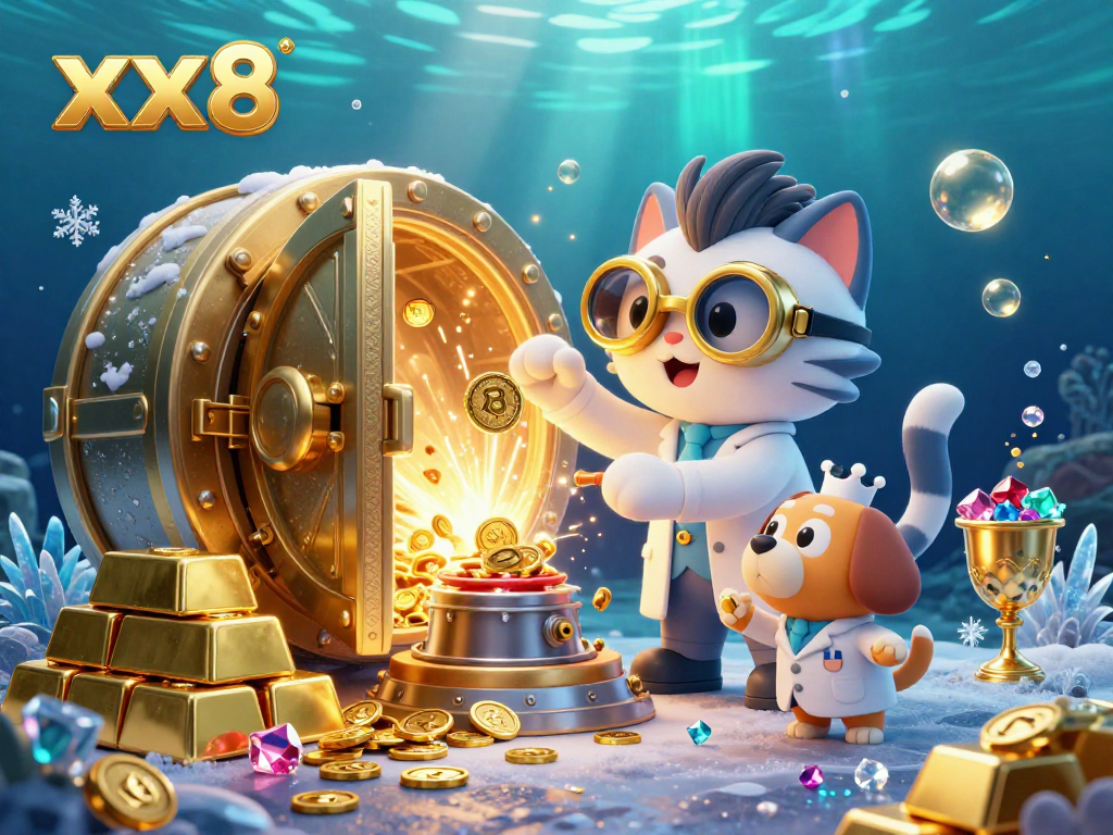 Experience winning at xx8 featuring a mad scientist cat and assistant surrounded by gold and treasures.