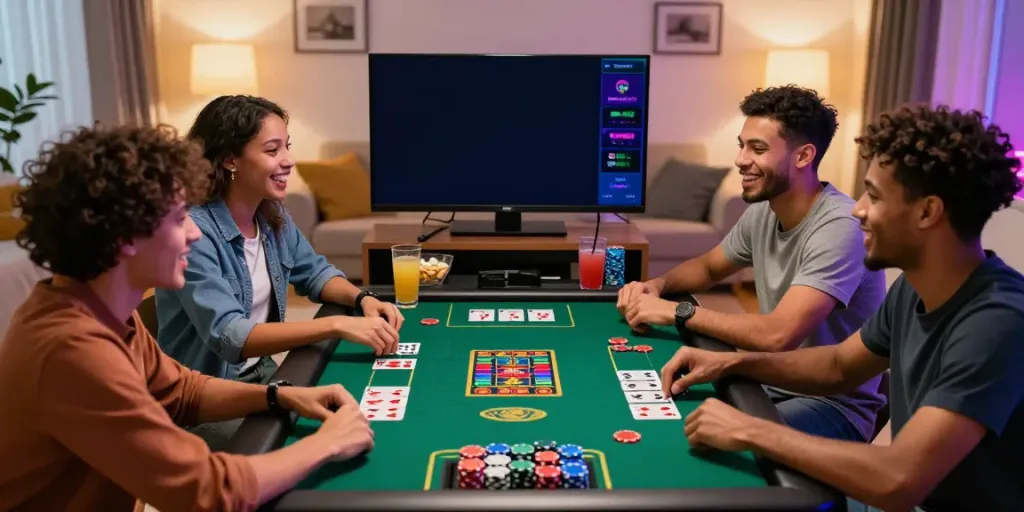 Friends enjoying a game night featuring non GamStop casinos, gaming setup and snacks.