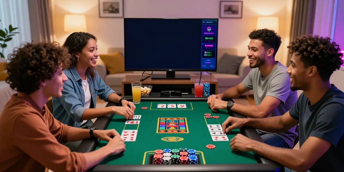 Friends enjoying a game night featuring non GamStop casinos, gaming setup and snacks.