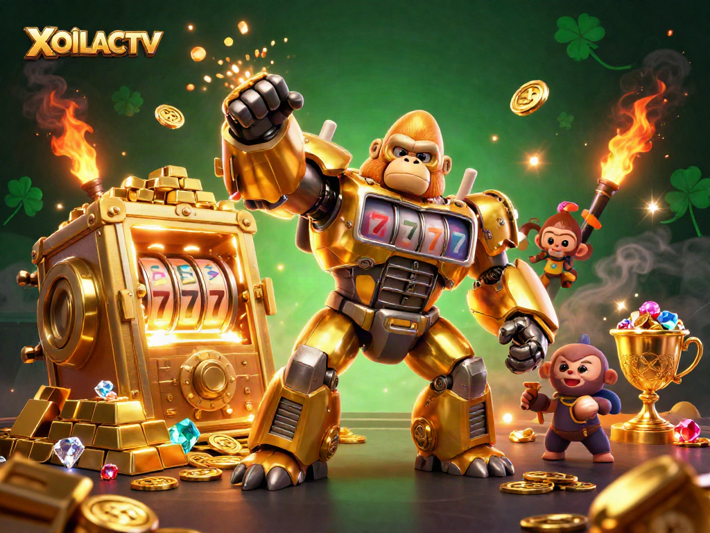 XOILACTV enthralls with a dynamic 3D scene of a golden gorilla mech amidst riches and excitement.