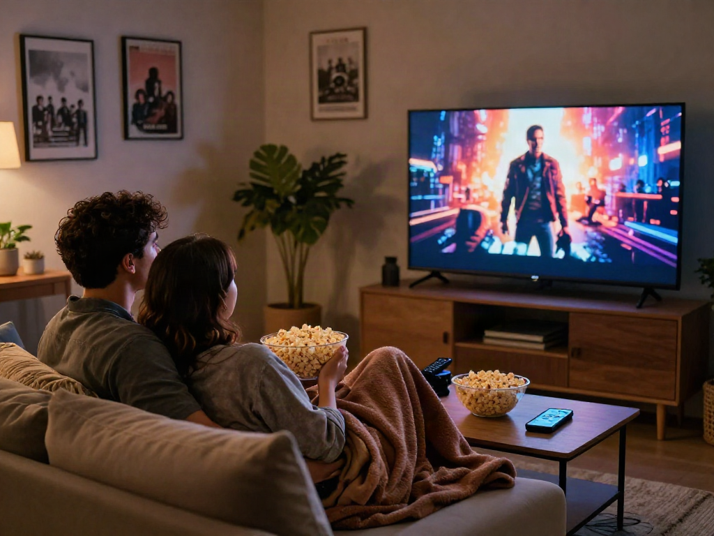 Enjoying Moviebox streaming in a cozy home setup with a couple on the couch.