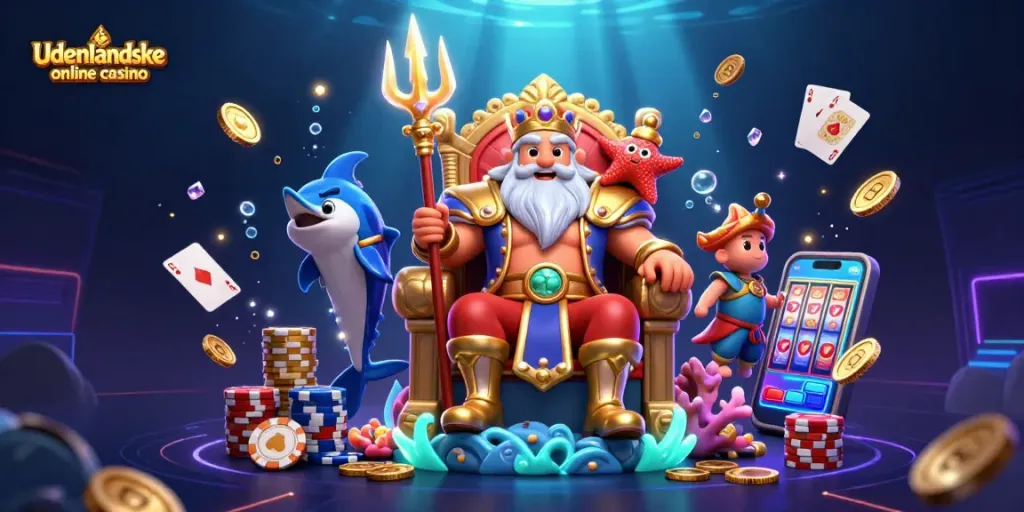Experience the thrill of udenlandske online casino with vibrant visuals of Neptune and casino elements.