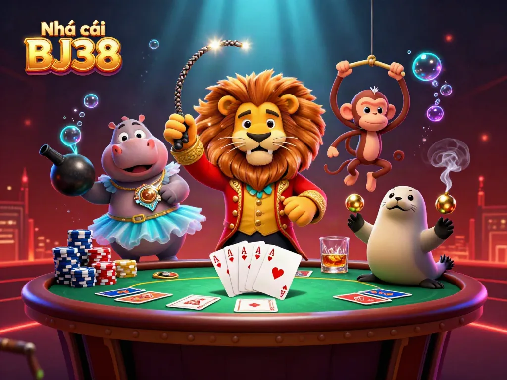 Engage with Nhà cái BJ38 through an exciting portrayal of vibrant gaming elements in a colorful casino scene.