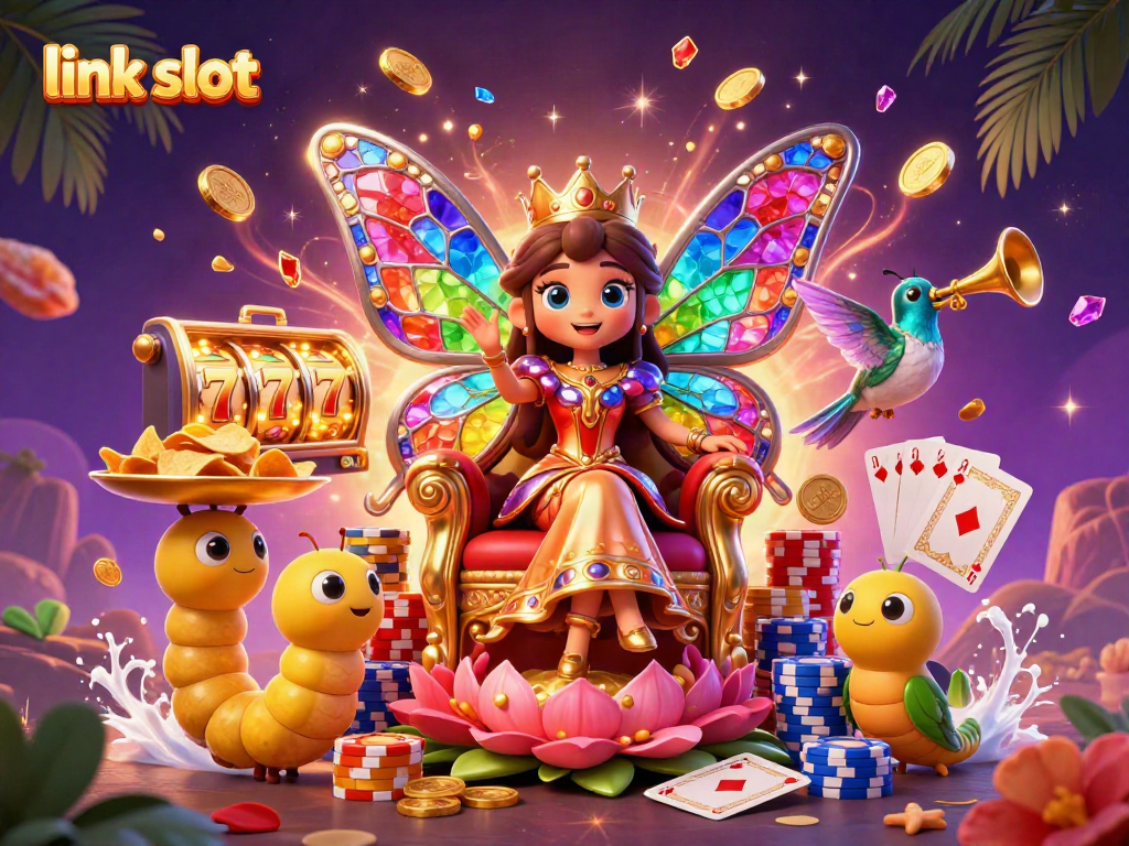 Experience excitement with link slot in this vibrant 3D casino scene featuring colorful characters and dynamic elements.