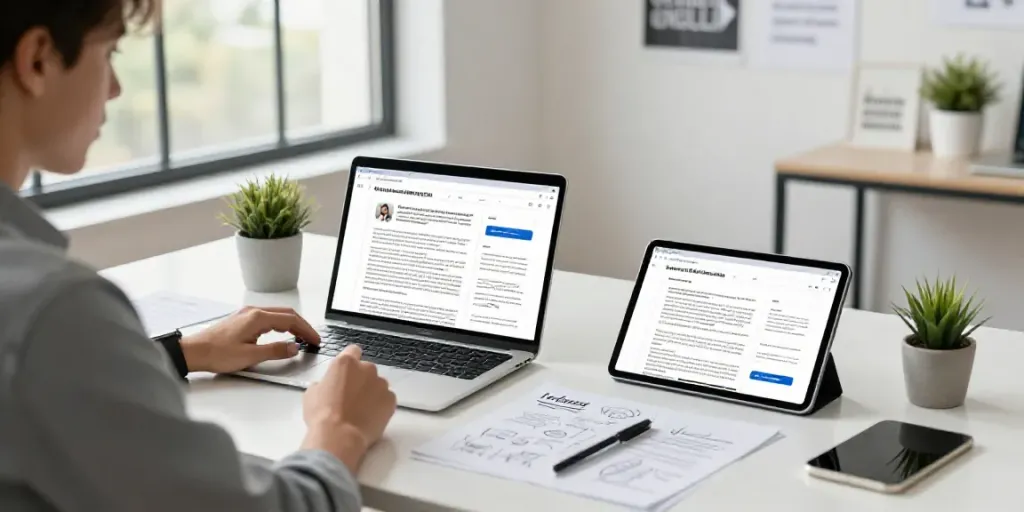 Content creator developing AI generated article outlines in a bright, modern workspace.