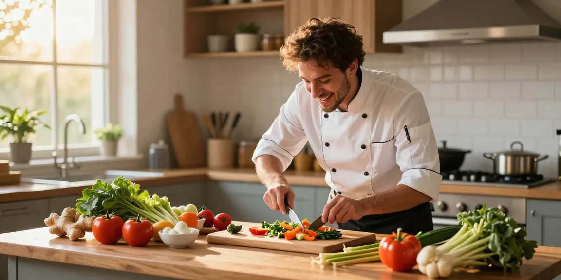 เว็บสล็อต แท้ 100 เปอร์เซ็นต์ showcases a chef preparing nutritious meals with fresh ingredients in a warm kitchen.