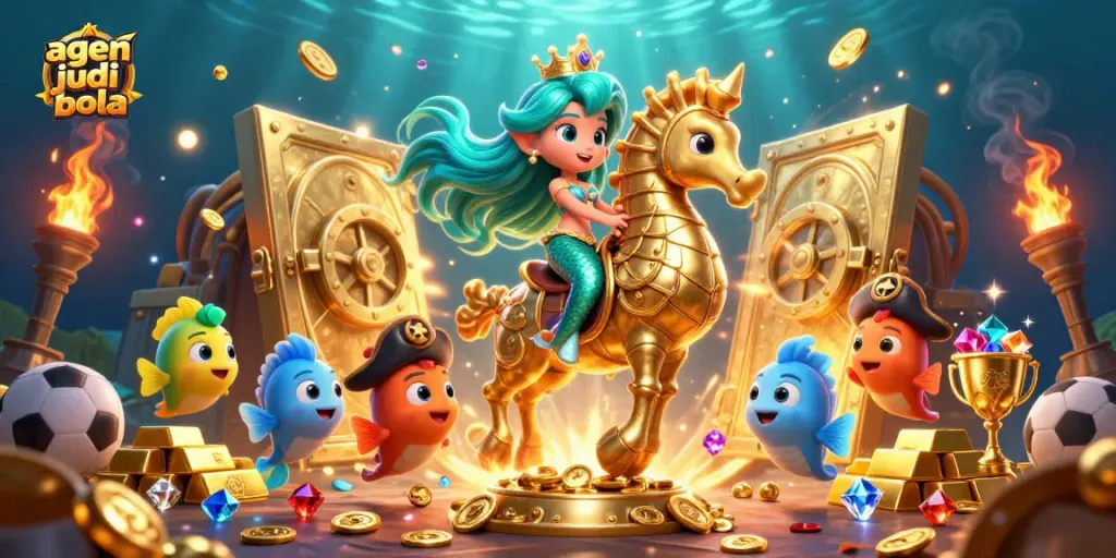 A thrilling agen judi bola scene featuring a mermaid princess and seahorse, emphasizing sports betting excitement.