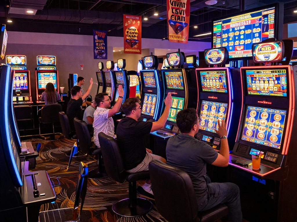 Players celebrating a slot jackpot win in a vibrant casino gaming area.