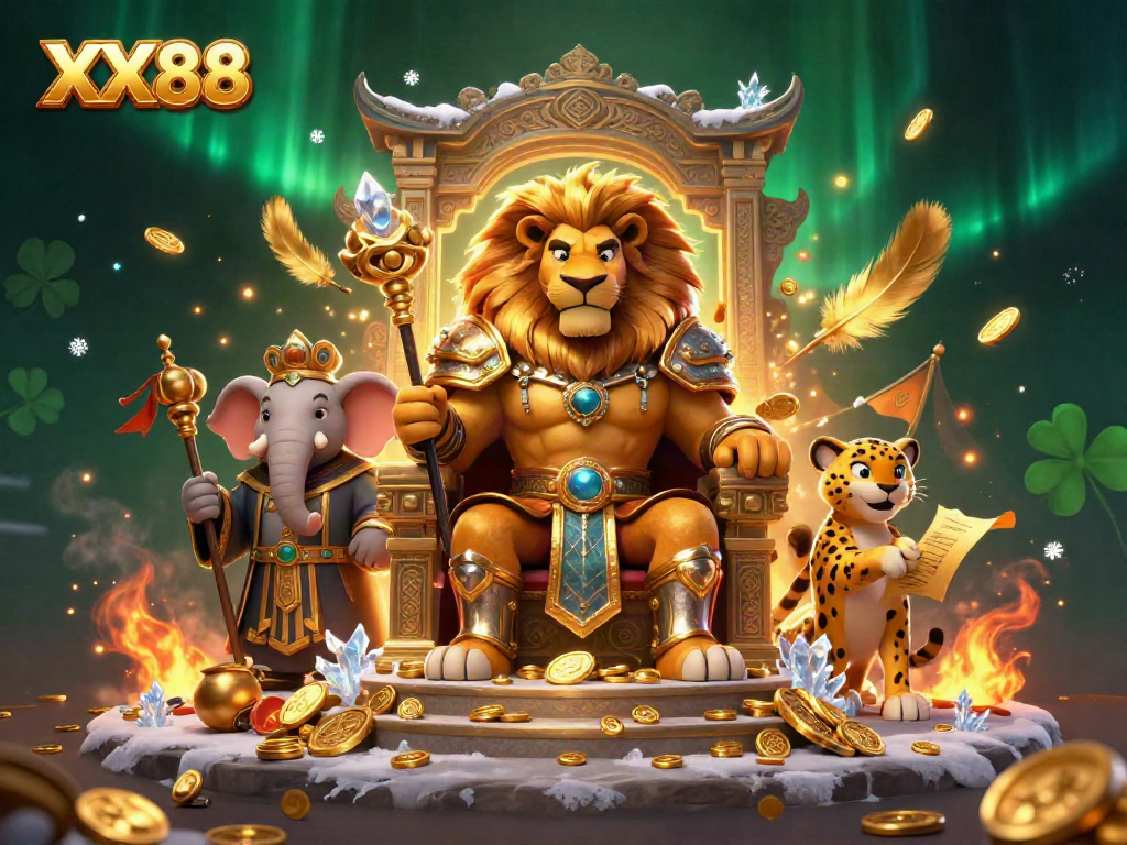 Engage with the vibrant world of XX88 through an illustrated scene of rich casino elements and characters.