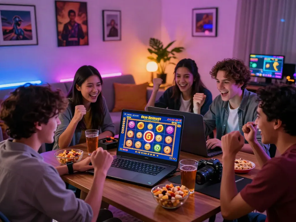 Friends enjoying a thrilling slot gacor game in a lively living room setting.