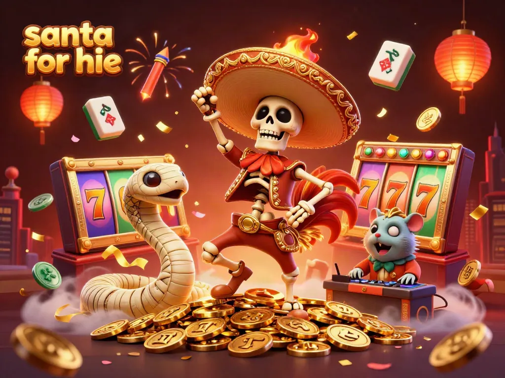 Engage with a festive scene featuring a Santa for hire dancing atop golden coins alongside vibrant casino elements.