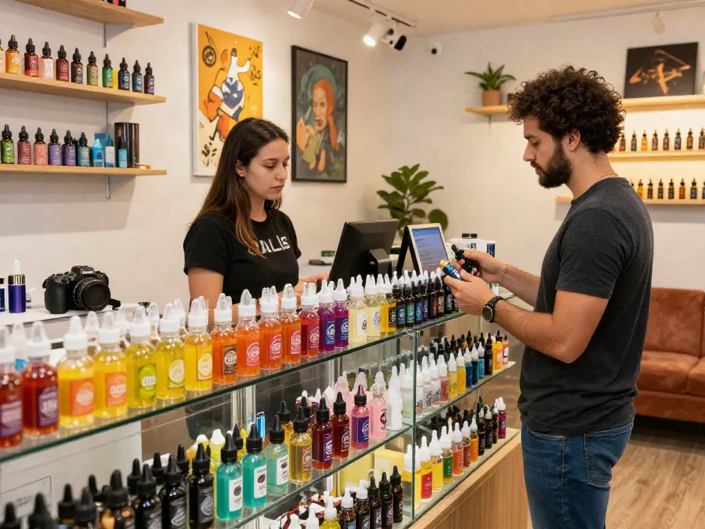 Vibrant vape shop displaying a variety of salt nicotine e-liquids and engaged customers.