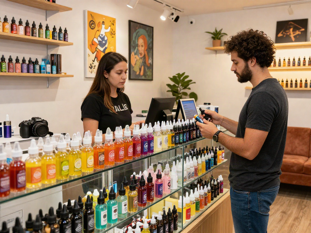 Vibrant vape shop displaying a variety of salt nicotine e-liquids and engaged customers.