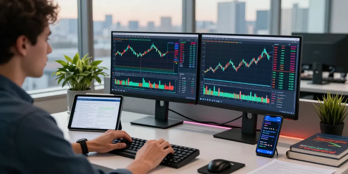 Dynamic forex trading setup with MetaTrader 4 interface on dual screens and trader ready to execute trades.
