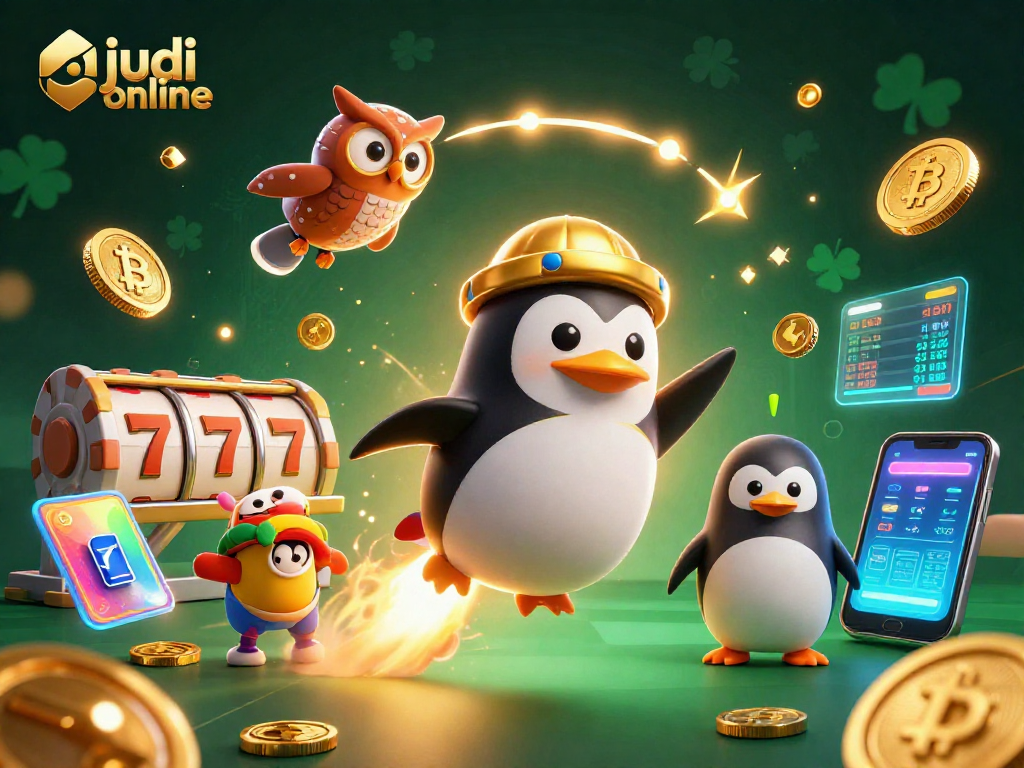 Experience exciting judi online gaming with a golden penguin and a vibrant casino backdrop.