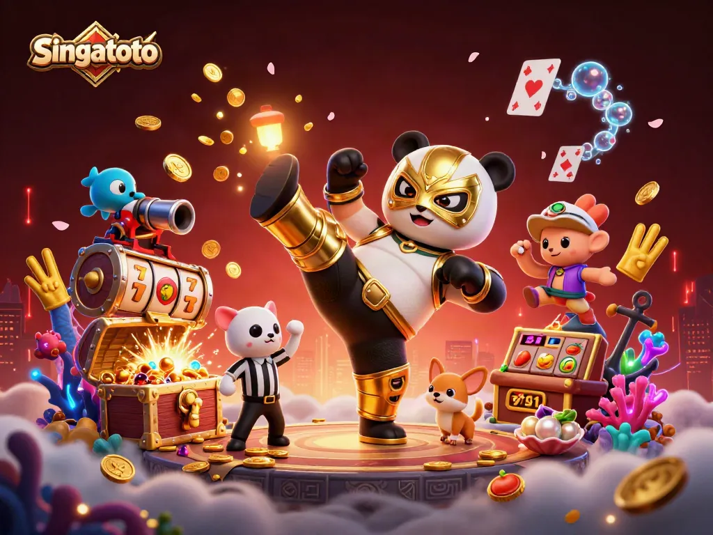 Engage with singatoto’s thrilling 3D casino action featuring a flying wrestler panda amid explosive treasure and slot elements.