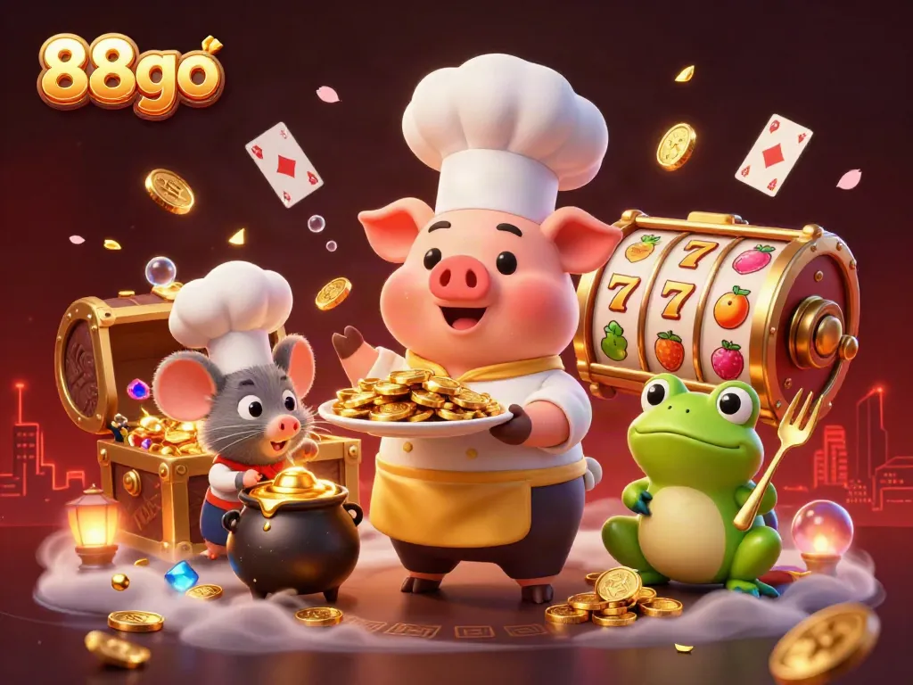 Experience the excitement of 88go with a chef pig serving gold coins in a dynamic casino-themed illustration.