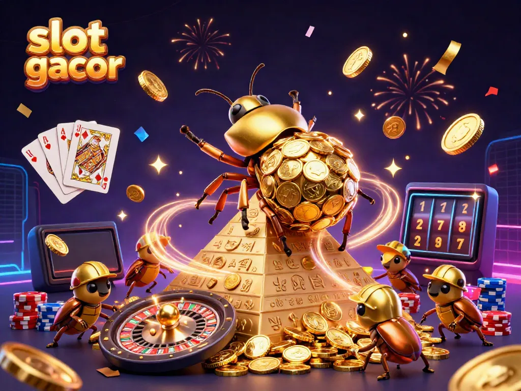 Experience slot gacor excitement with dynamic golden beetles and casino symbols in a vibrant scene.
