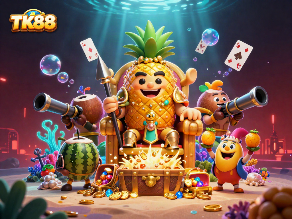 Experience the vibrant casino world of TK88 with an animated golden pineapple king surrounded by lively characters.