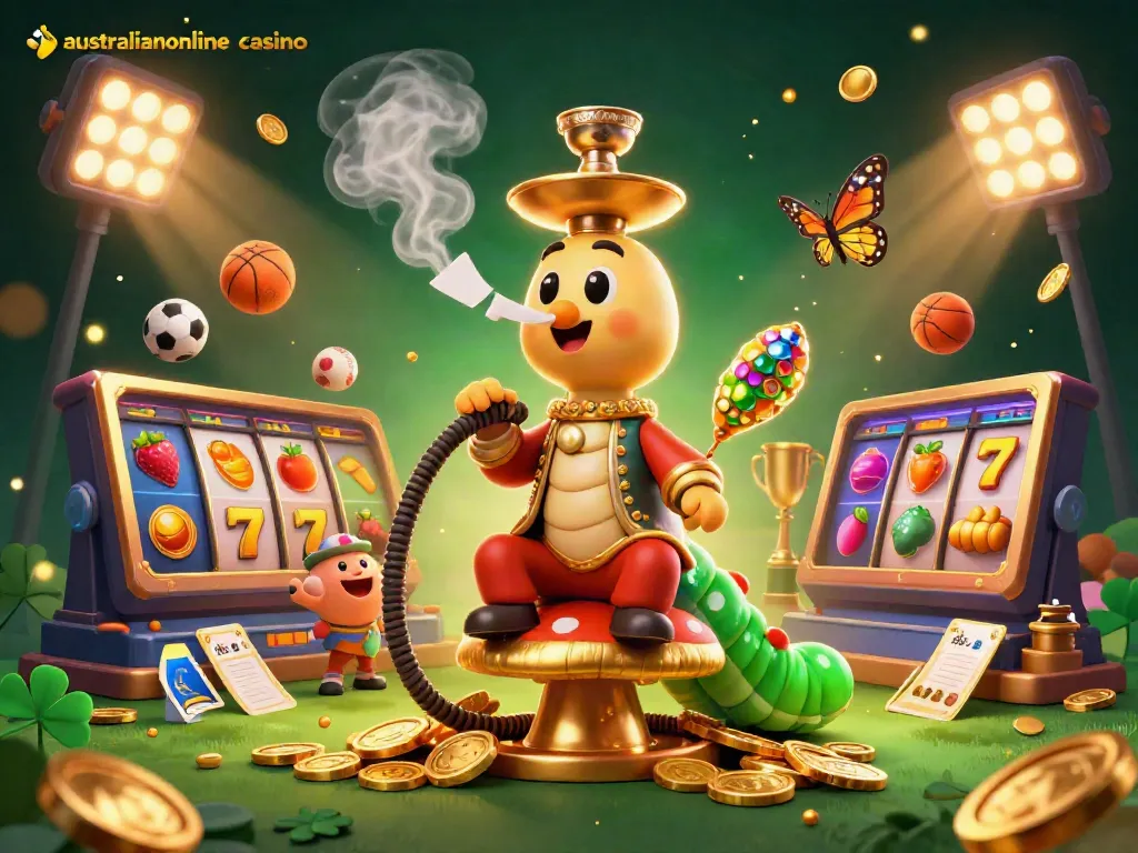 Experience the thrill of gaming with australianonlinecasino's dazzling illustrated scene of a magical caterpillar casino master.