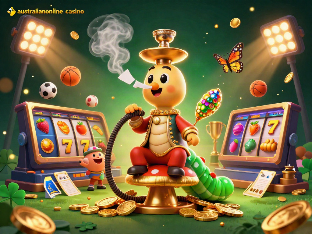 Experience the thrill of gaming with australianonlinecasino's dazzling illustrated scene of a magical caterpillar casino master.