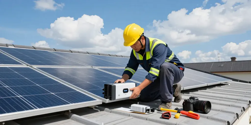 Teknisi memasang inverter Deye 5kW di atap rumah yang dilengkapi panel surya, menunjukkan keahlian dalam energi terbarukan.
