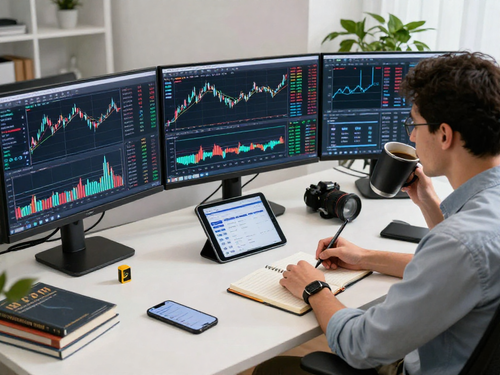 tradingview实用的交易工作空间，多个监视器显示外汇和加密货币实时数据，交易者正专注分析图表。