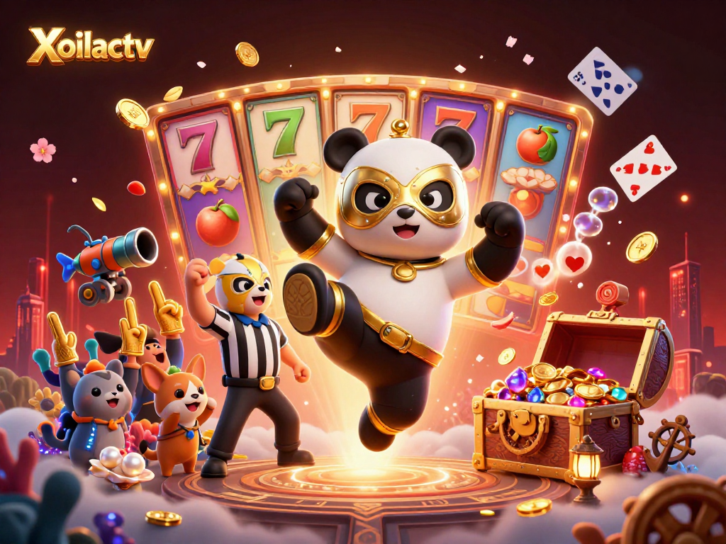 Xoilactv presents a lively 3D scene with a wrestling panda, cheering animal crowd, and vibrant casino elements.