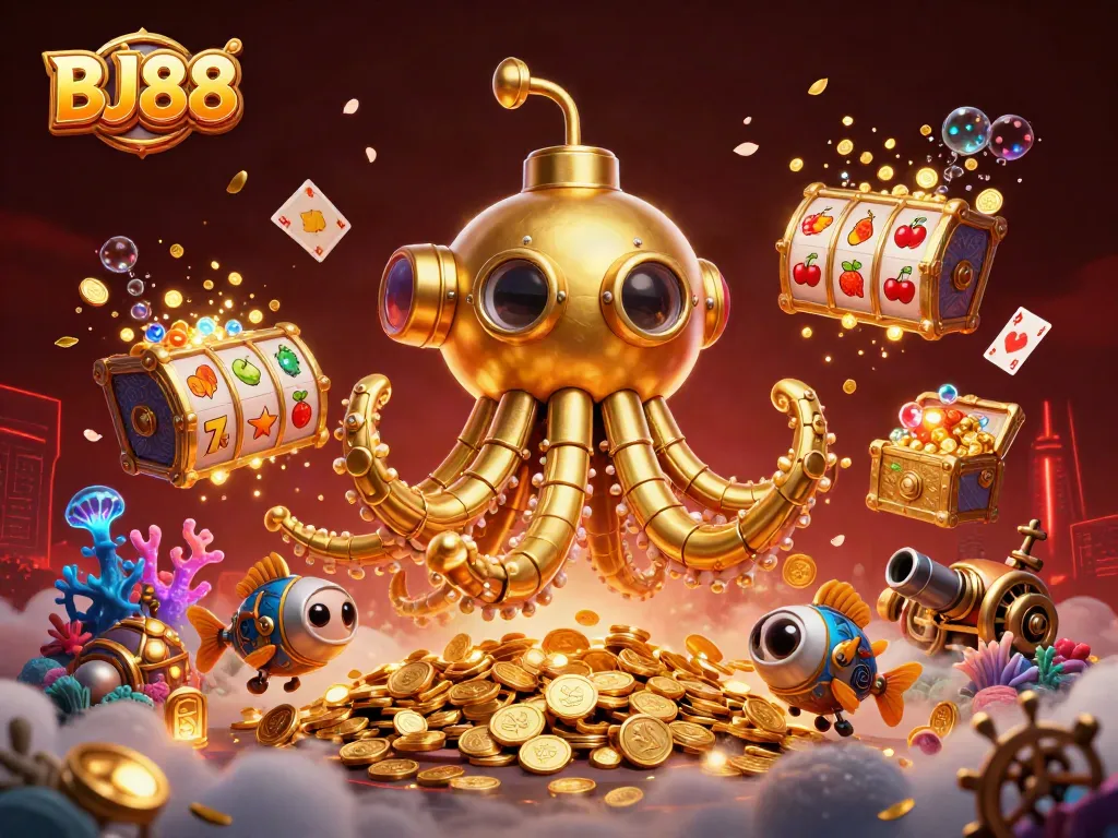 BJ88 unleashes the excitement of casino gaming with a vibrant scene of a golden kraken submarine and slot reels.