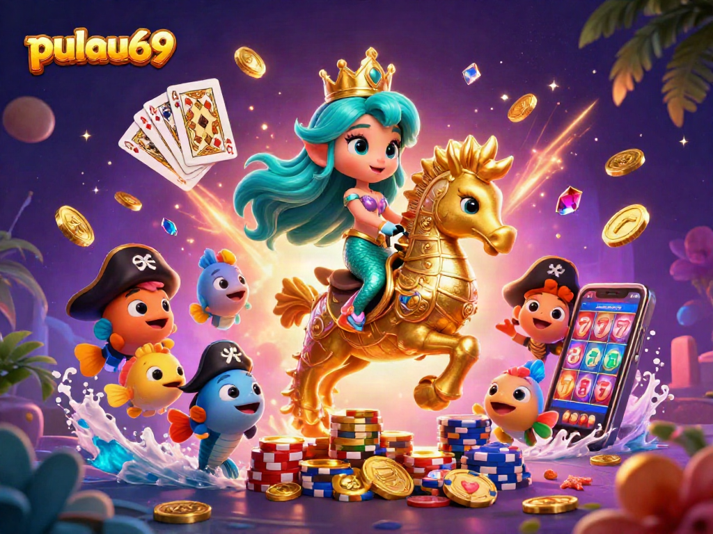 Experience the excitement of pulau69 with this vibrant mermaid and casino-themed illustration.