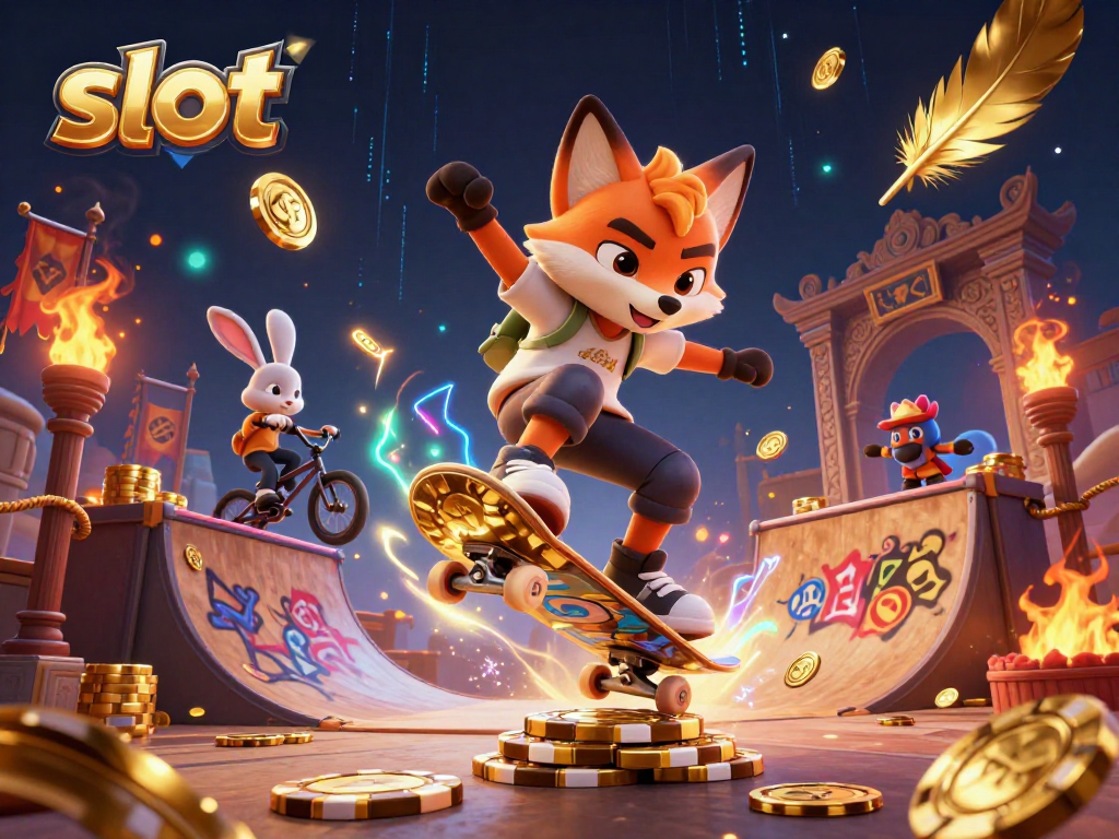Slot seru dengan karakter kartun menggunakan trik, dikelilingi simbol kasino dan koin emas