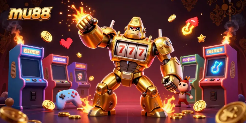 Engage with mu88's innovative slot machine theme featuring a golden gorilla mech and dynamic gaming elements.