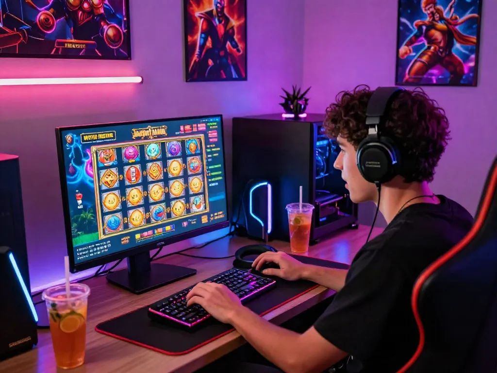 Engaging player discovering slot gacor hari ini in a colorful online gaming setup, vibrant graphics, and an inviting atmosphere.