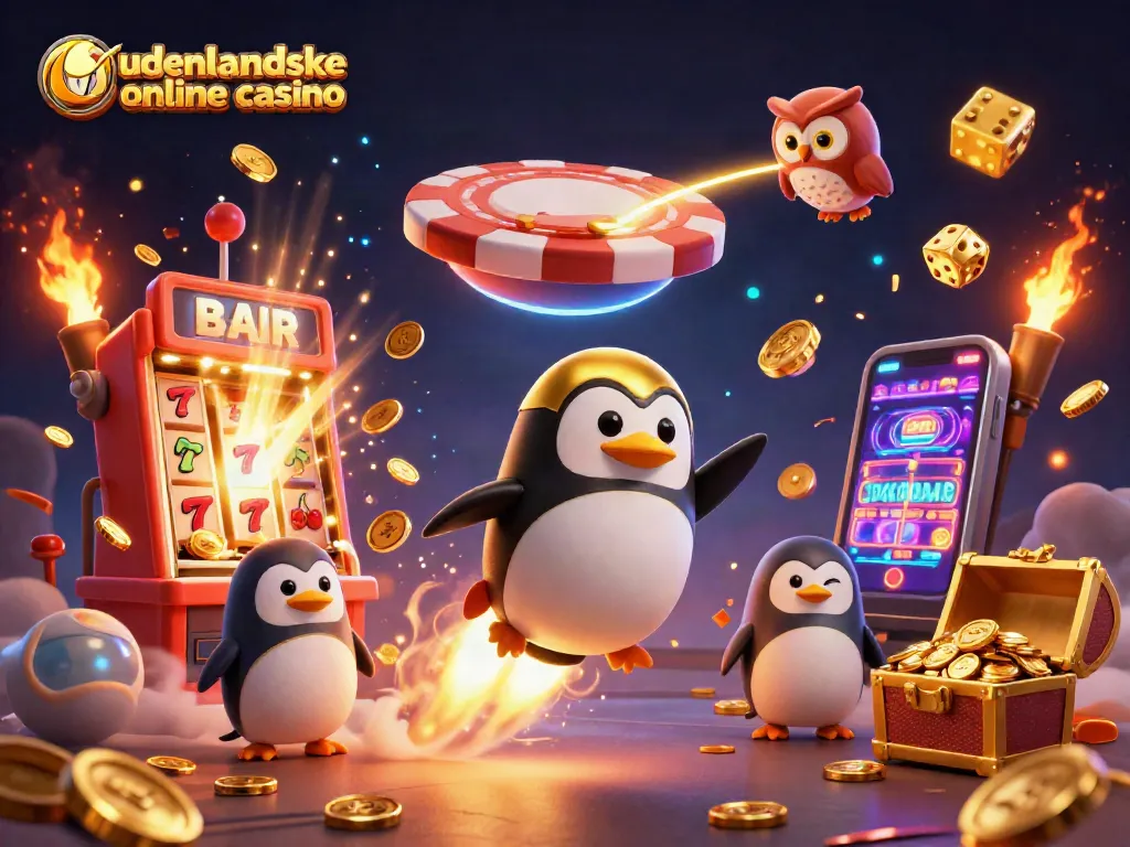 Experience thrilling gameplay with udenlandske online casino illustrated by an adventurous penguin in vibrant space.