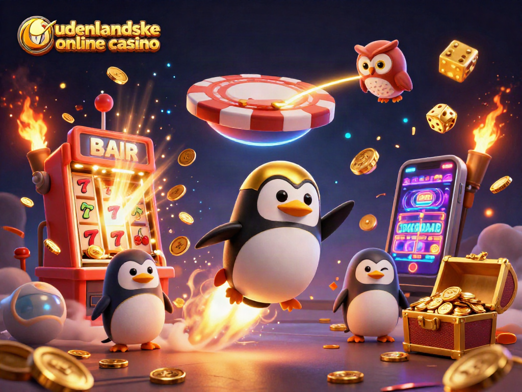 Experience thrilling gameplay with udenlandske online casino illustrated by an adventurous penguin in vibrant space.