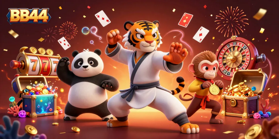 BB44 gaming scene featuring cartoon characters and vibrant casino elements like slot reels and cards
