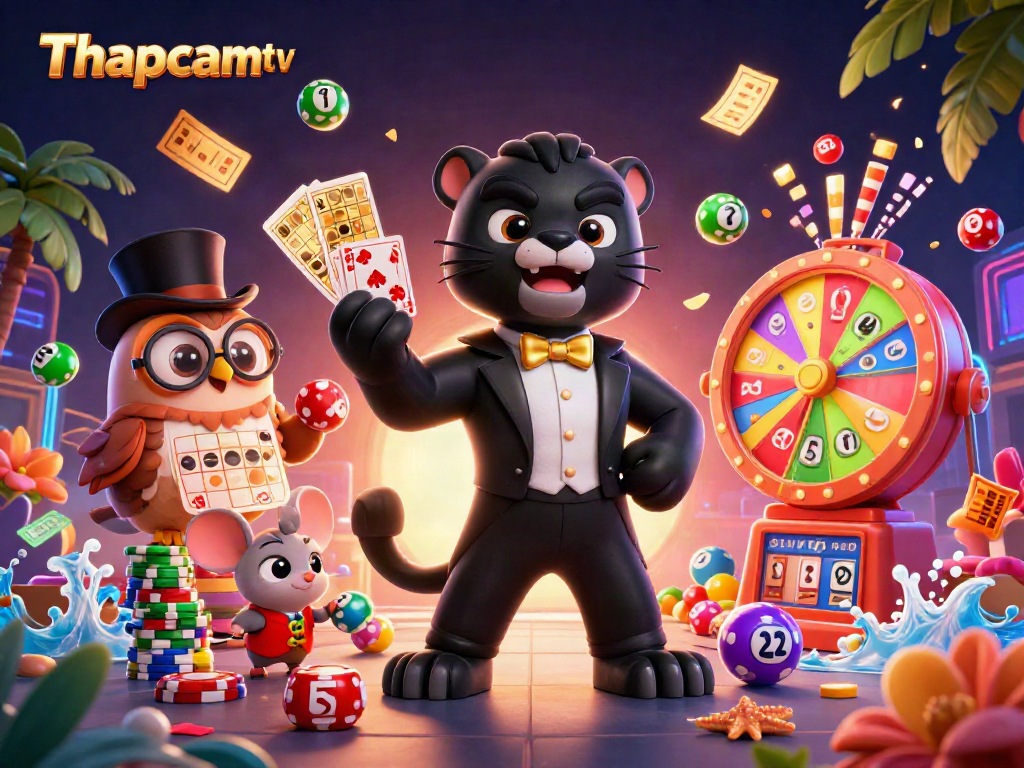 Thapcamtv showcases a stylish black panther dealer with poker chips, surrounded by dynamic gambling elements.