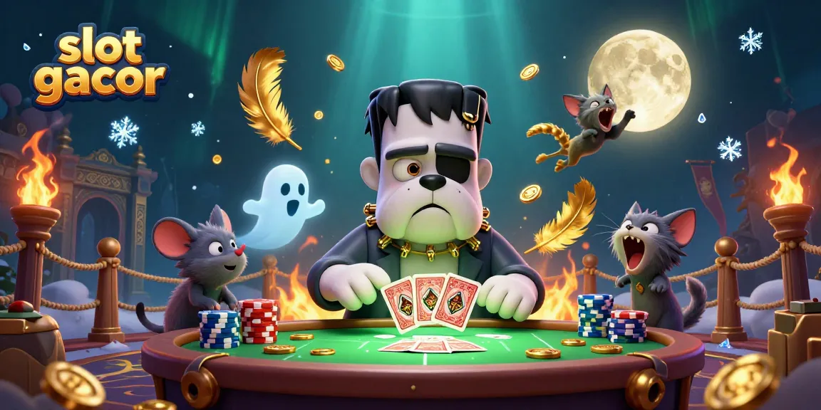 Experience thrilling action in this slot gacor-themed illustration showcasing a monster dealer and a ghost mouse.