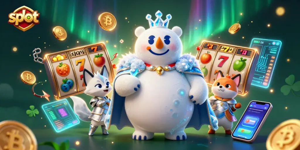 Spin the thrilling slot reels with a polar bear king and fox companion, amidst dazzling crypto elements.