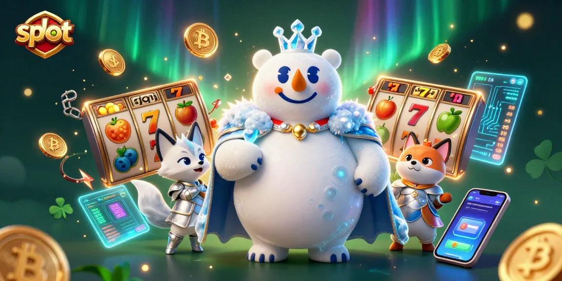 Spin the thrilling slot reels with a polar bear king and fox companion, amidst dazzling crypto elements.