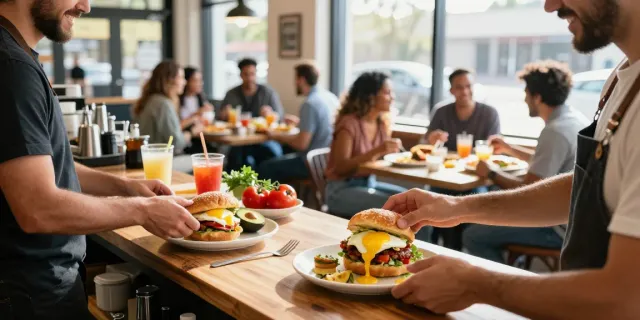 Enjoying NYC-inspired breakfast sandwiches at Eggman in Austin Texas area, showcasing vibrant café atmosphere.