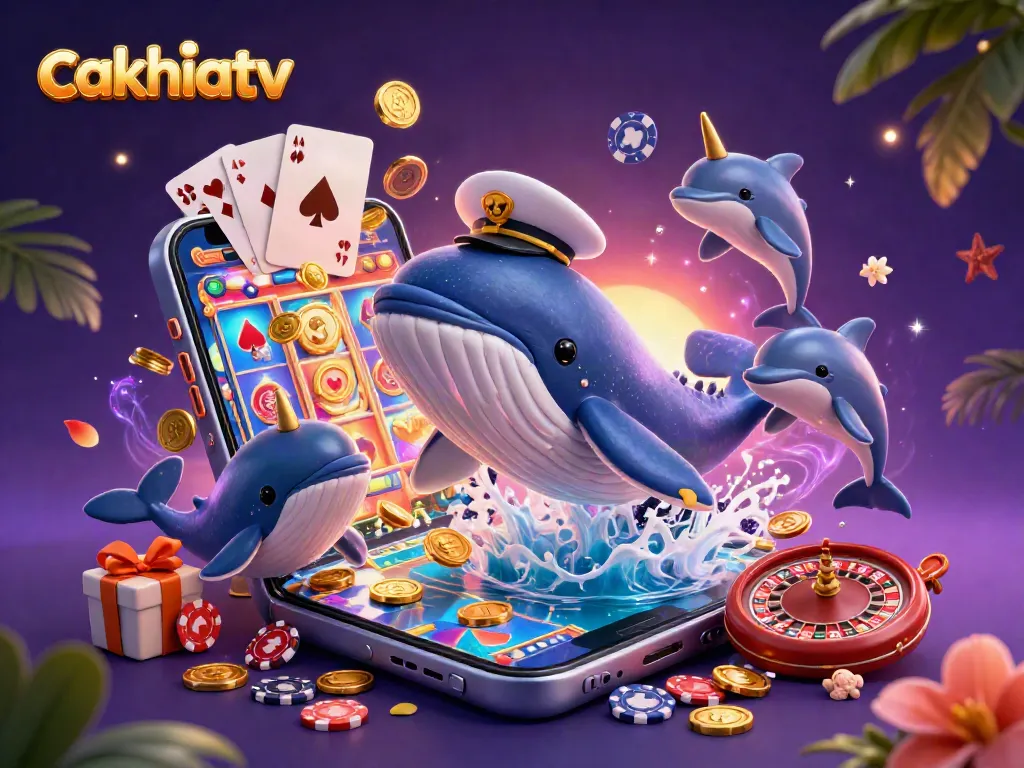 Experience thrilling gameplay at cakhiatv with an energetic 3D scene featuring a whale and playful dolphins.