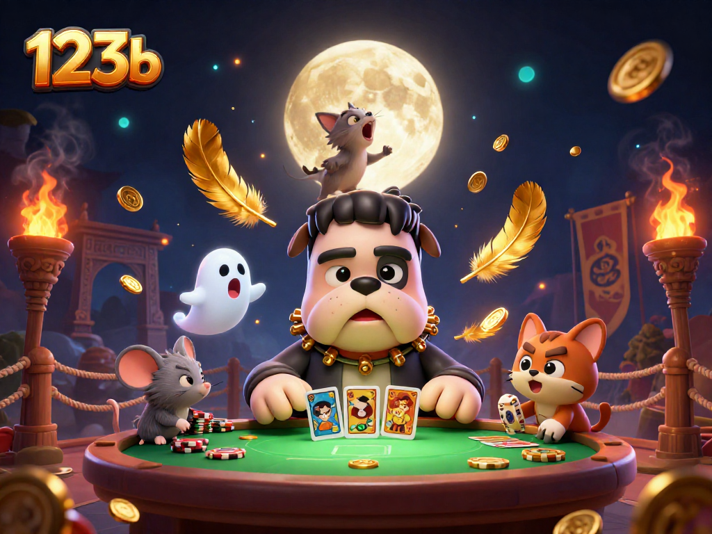 Experience the thrill of 123b with a vibrant casino illustration featuring a Frankenstein bulldog dealer.
