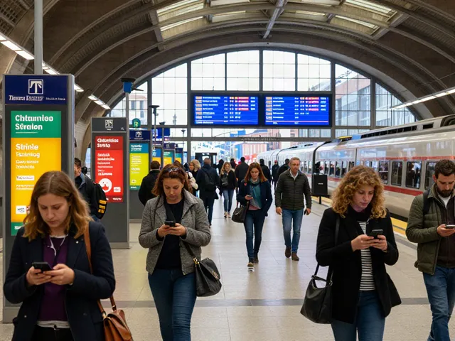 Commuters at a busy train station in Italy receiving strike alerts, highlighting the importance of staying informed about Sciopero.