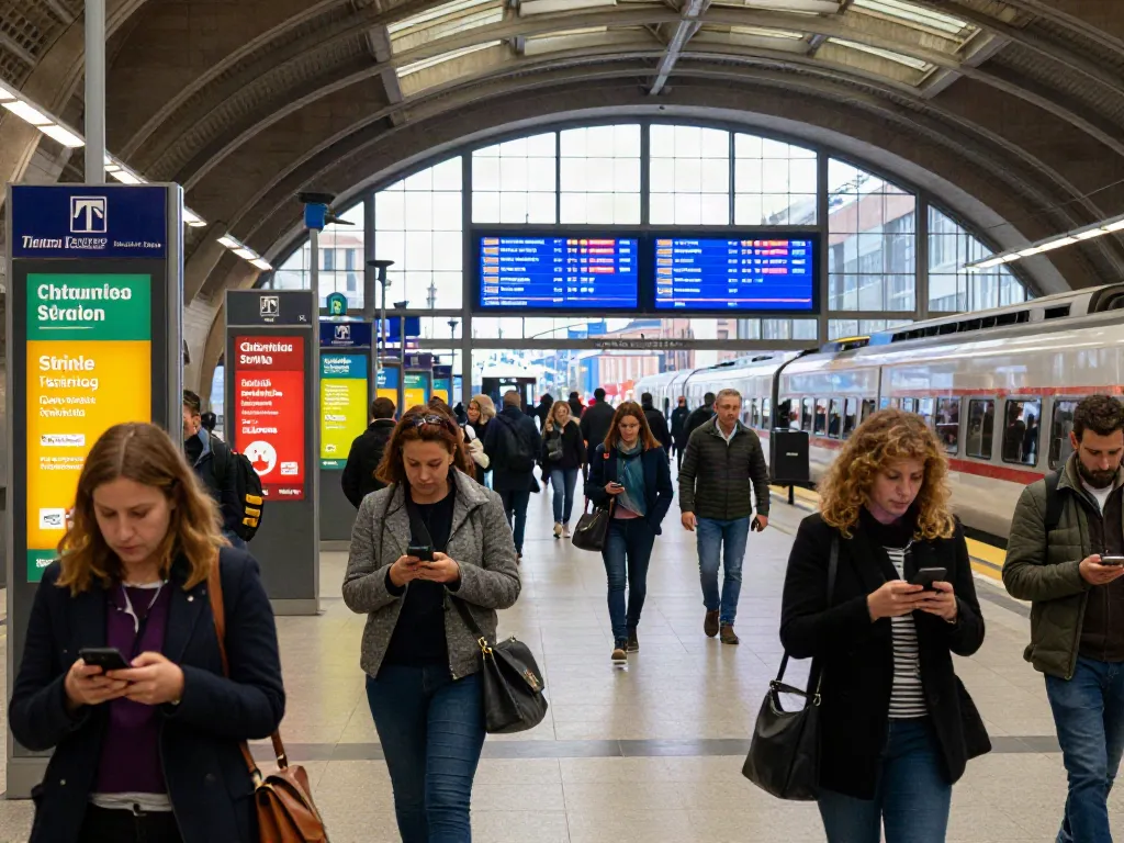 Commuters at a busy train station in Italy receiving strike alerts, highlighting the importance of staying informed about Sciopero.