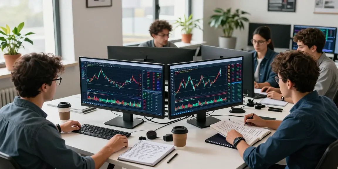 Traders utilizing mt5 in a modern workspace analyzing financial data and charts.